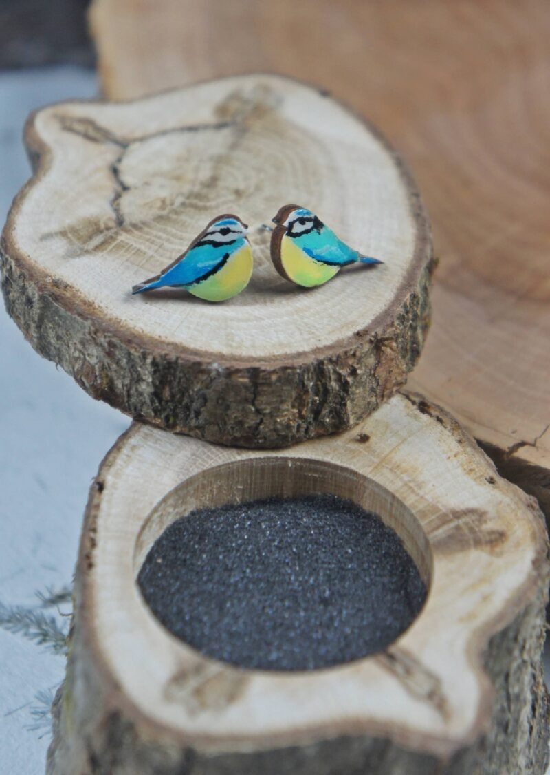 Drewniane kolczyki Modraszki ręcznie malowane